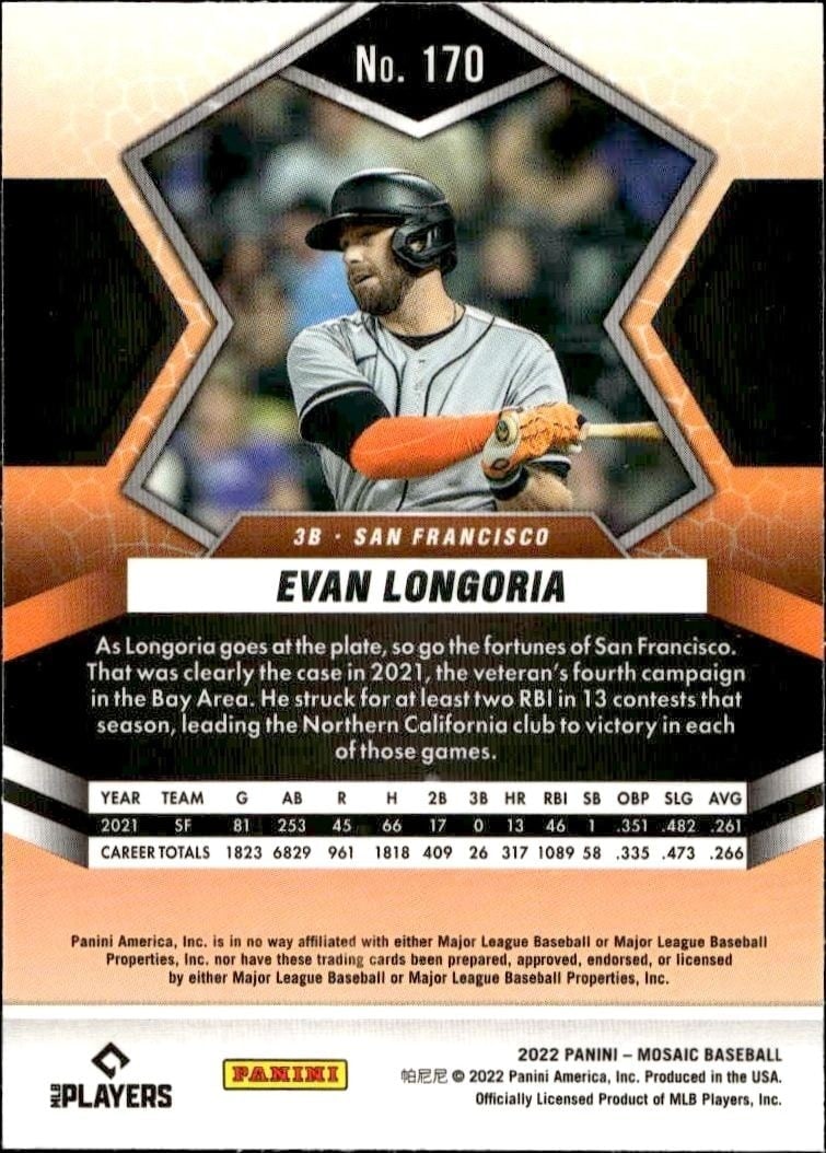 2022 Panini Mosaic Evan Longoria #170 baseball trading card back