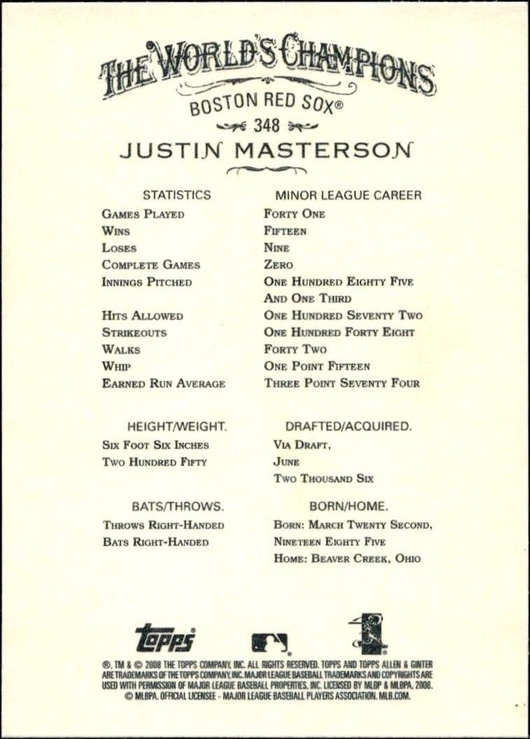 2008 Topps Allen & Ginter Justin Masterson #348 baseball trading card back