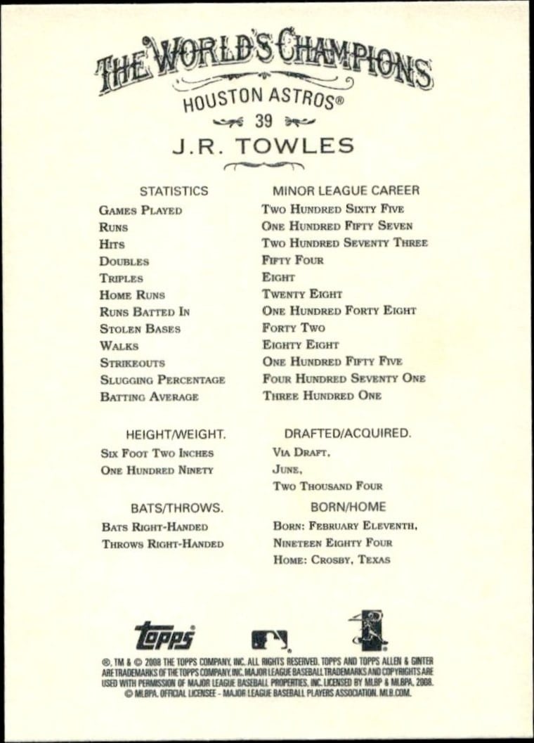2008 Topps Allen & Ginter J.R. Towles #39 baseball trading card back
