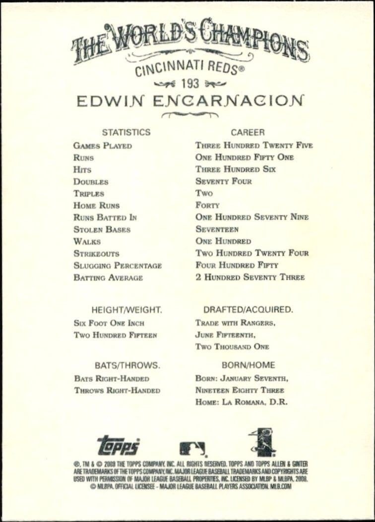 2008 Topps Allen & Ginter Edwin Encarnacion #193 baseball trading card back