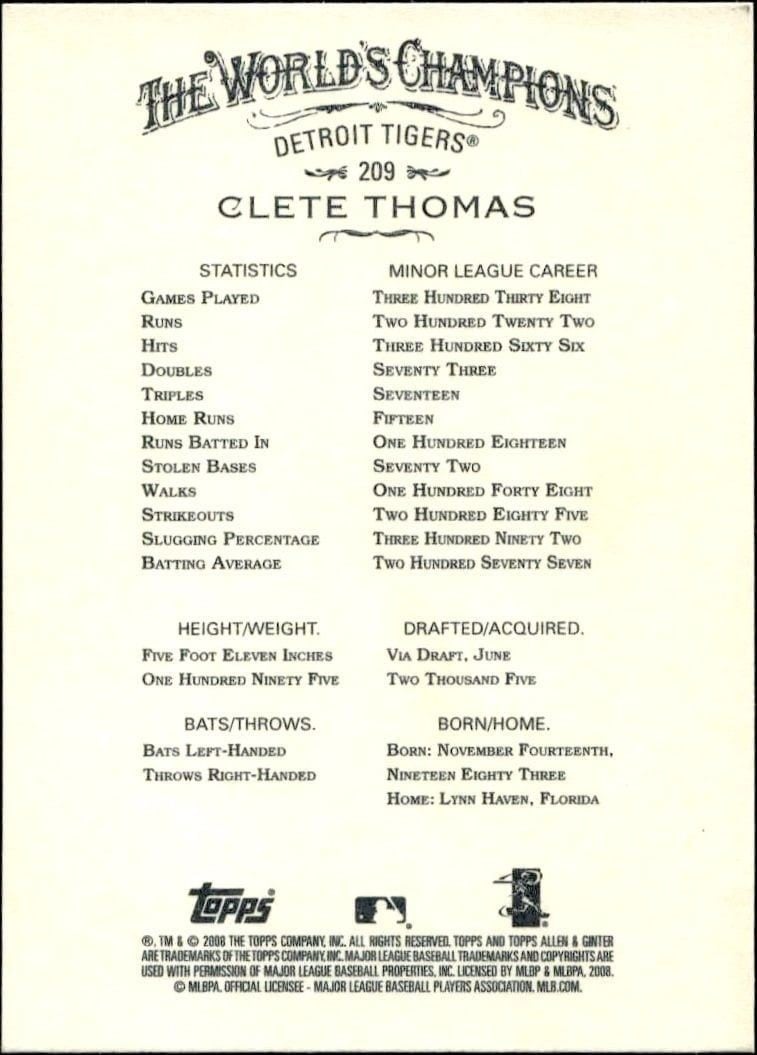 2008 Topps Allen & Ginter Clete Thomas #209 baseball trading card back