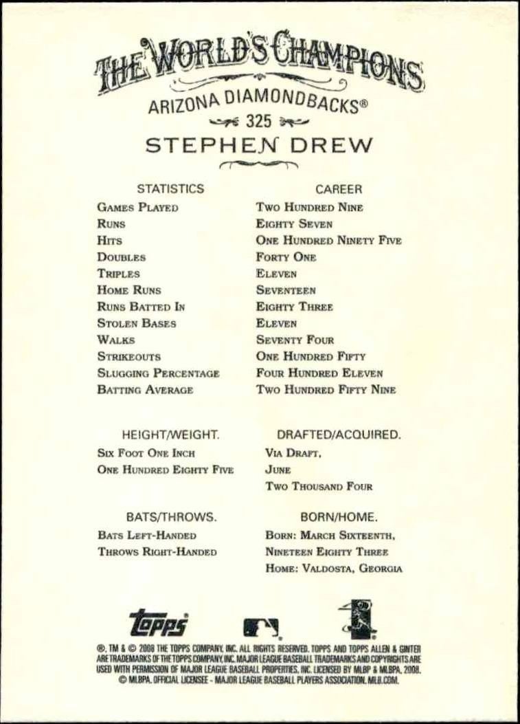 2008 Topps Allen & Ginter Stephen Drew #325 baseball trading card back