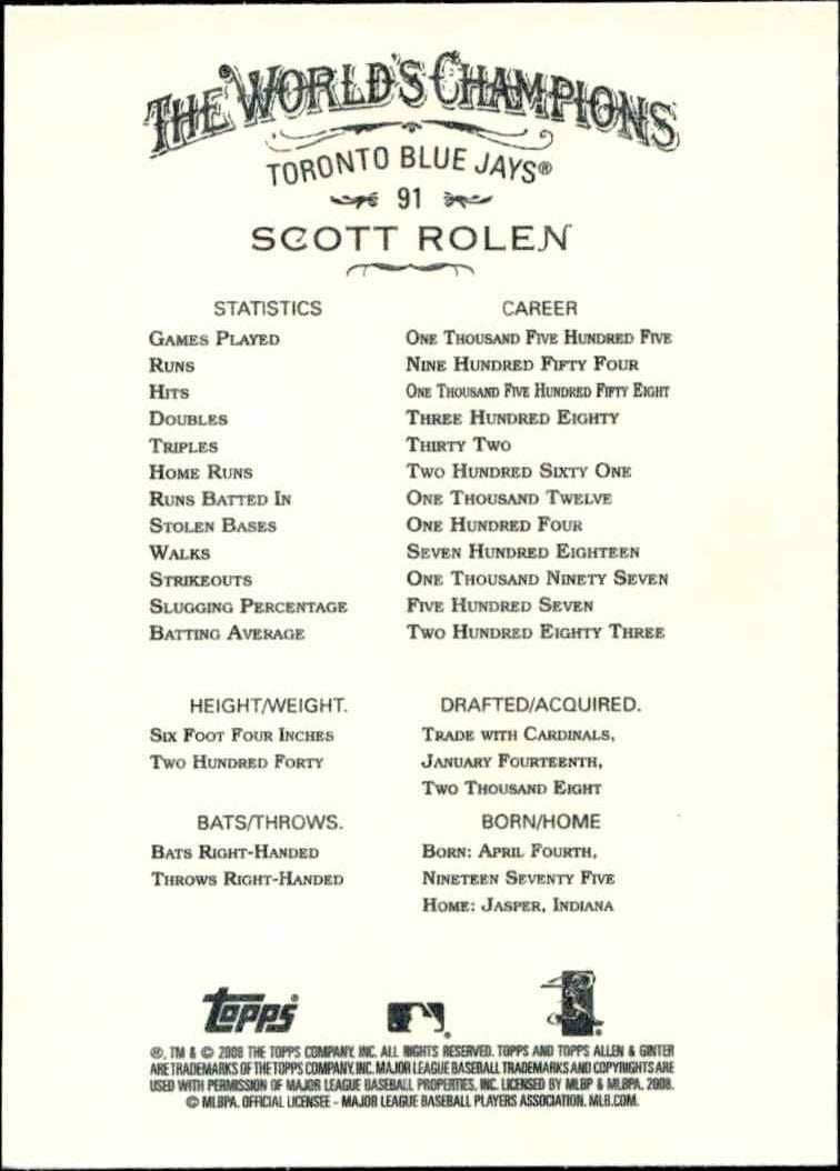 2008 Topps Allen & Ginter Scott Rolen #91 baseball trading card back