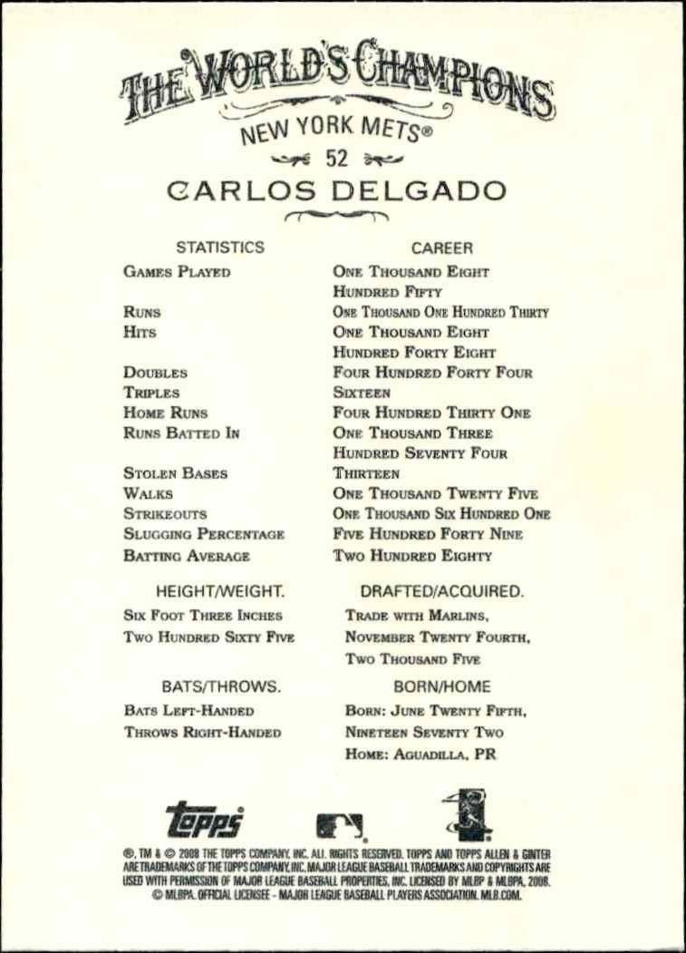 2008 Topps Allen & Ginter Carlos Delgado #52 baseball trading card back