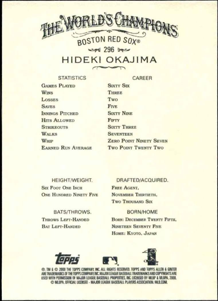 2008 Topps Allen & Ginter Hideki Okajima #296 baseball trading card back