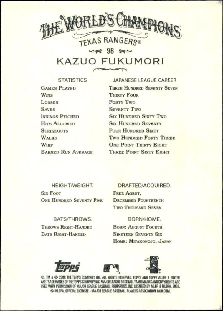 2008 Topps Allen & Ginter Kazuo Fukumori #98 baseball trading card back