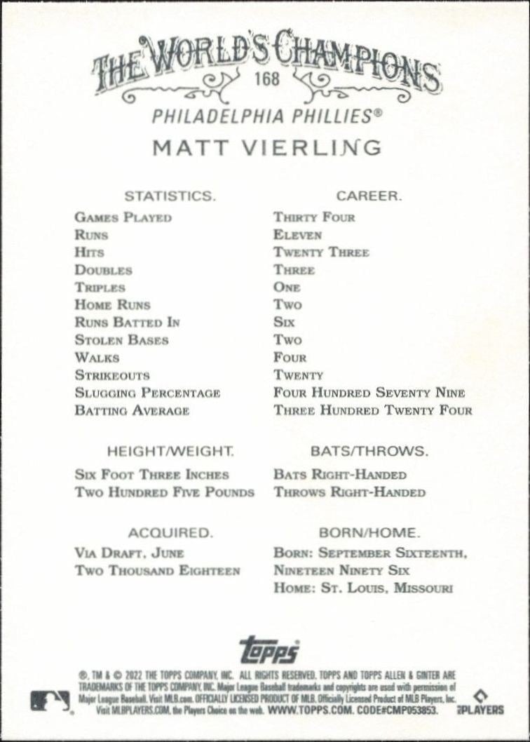2022 Topps Allen & Ginter Matt Vierling #168 baseball trading card back