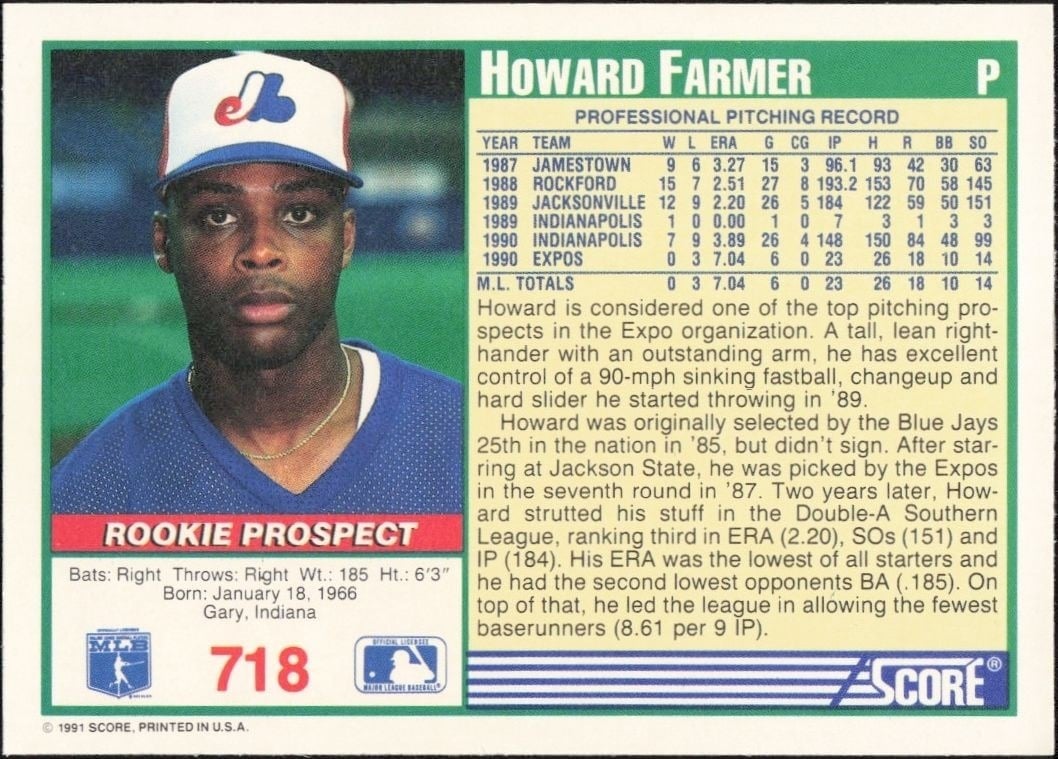 1991 Score Howard Farmer #718 baseball trading card back