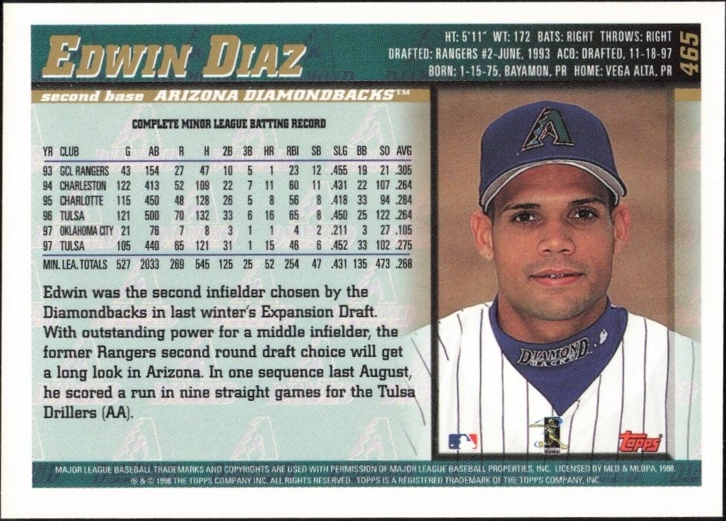 1998 Topps Edwin Diaz #465 baseball trading card back