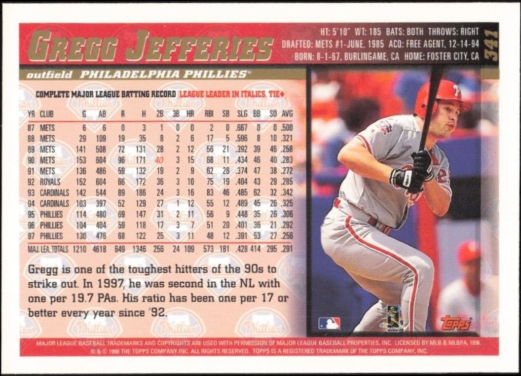 1998 Topps Gregg Jefferies #341 baseball trading card back