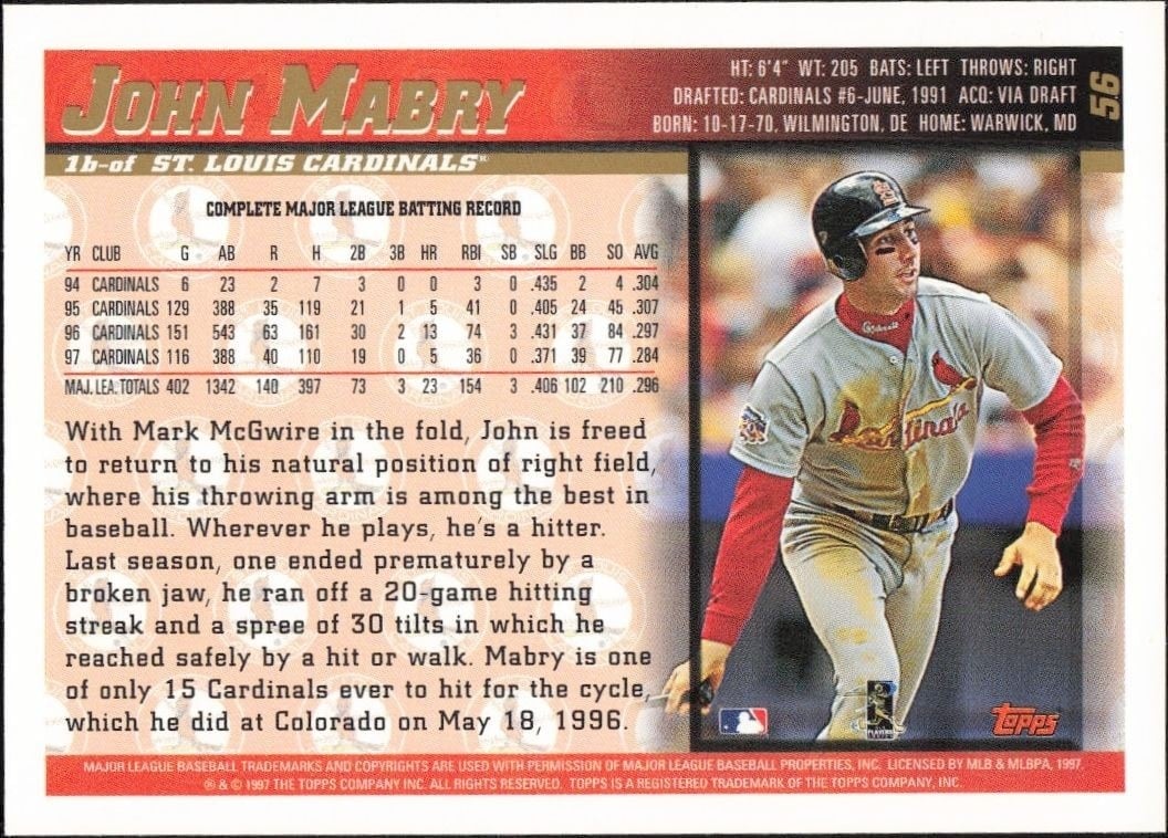 1998 Topps John Mabry #56 baseball trading card back