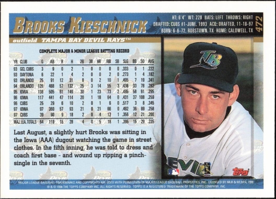 1998 Topps Brooks Kieschnick #472 baseball trading card back