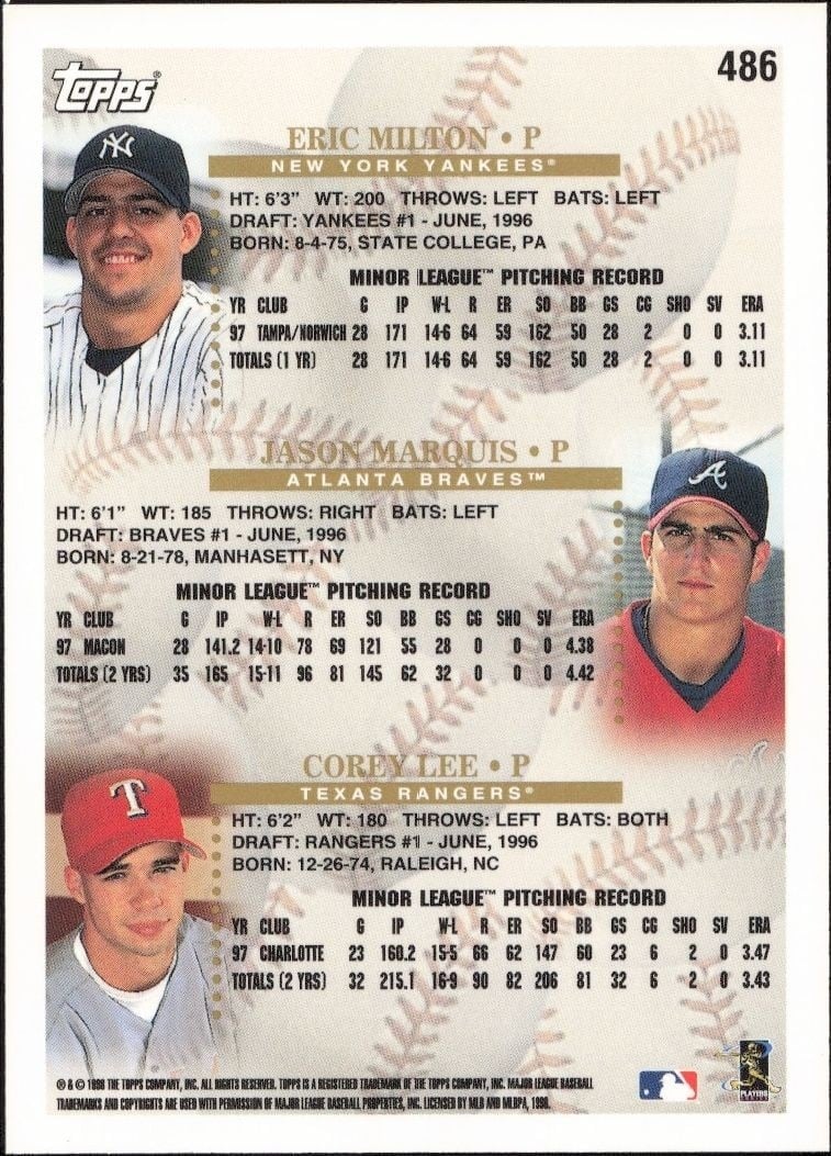 1998 Topps Eric Milton #486 baseball trading card back