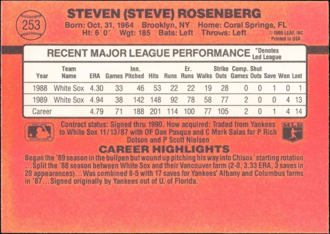 1990 Donruss Steve Rosenberg #253 baseball trading card back