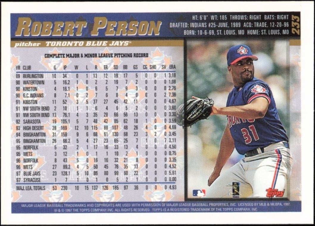 1998 Topps Robert Person #233 baseball trading card back