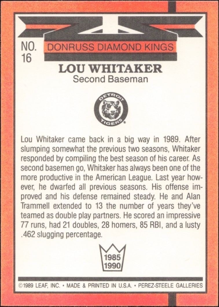 1990 Donruss Lou Whitaker #16 baseball trading card back