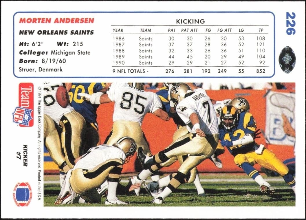 1991 Upper Deck Morten Andersen #226 football trading card back