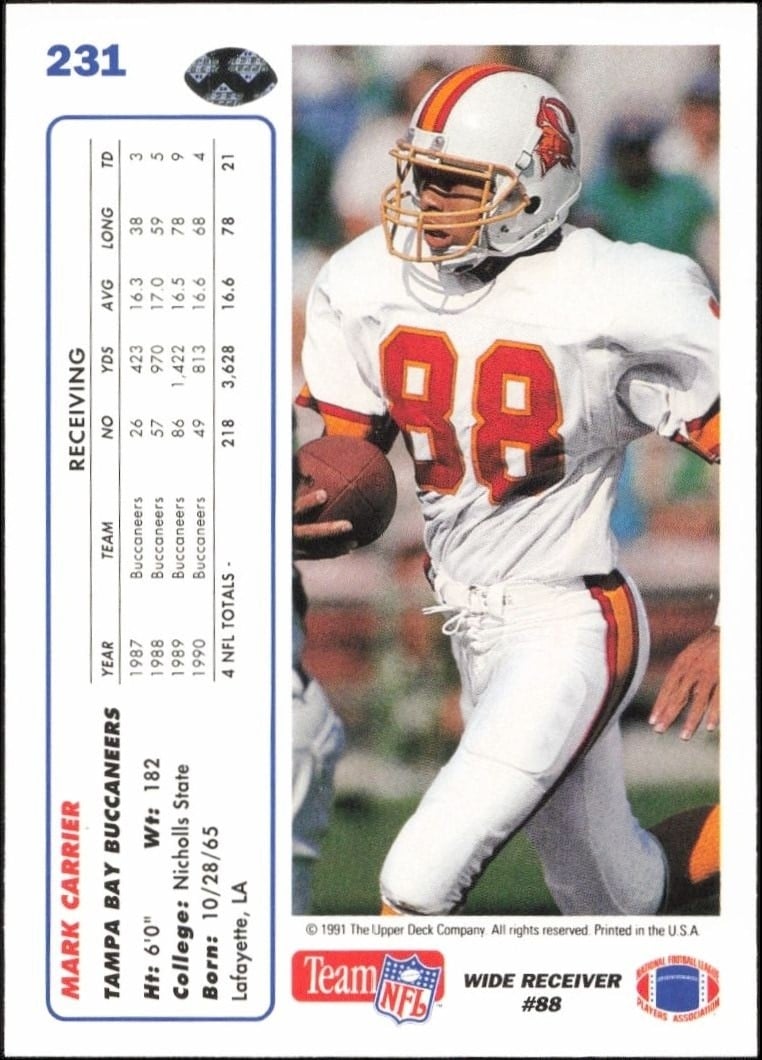 1991 Upper Deck Mark Carrier #231 football trading card back