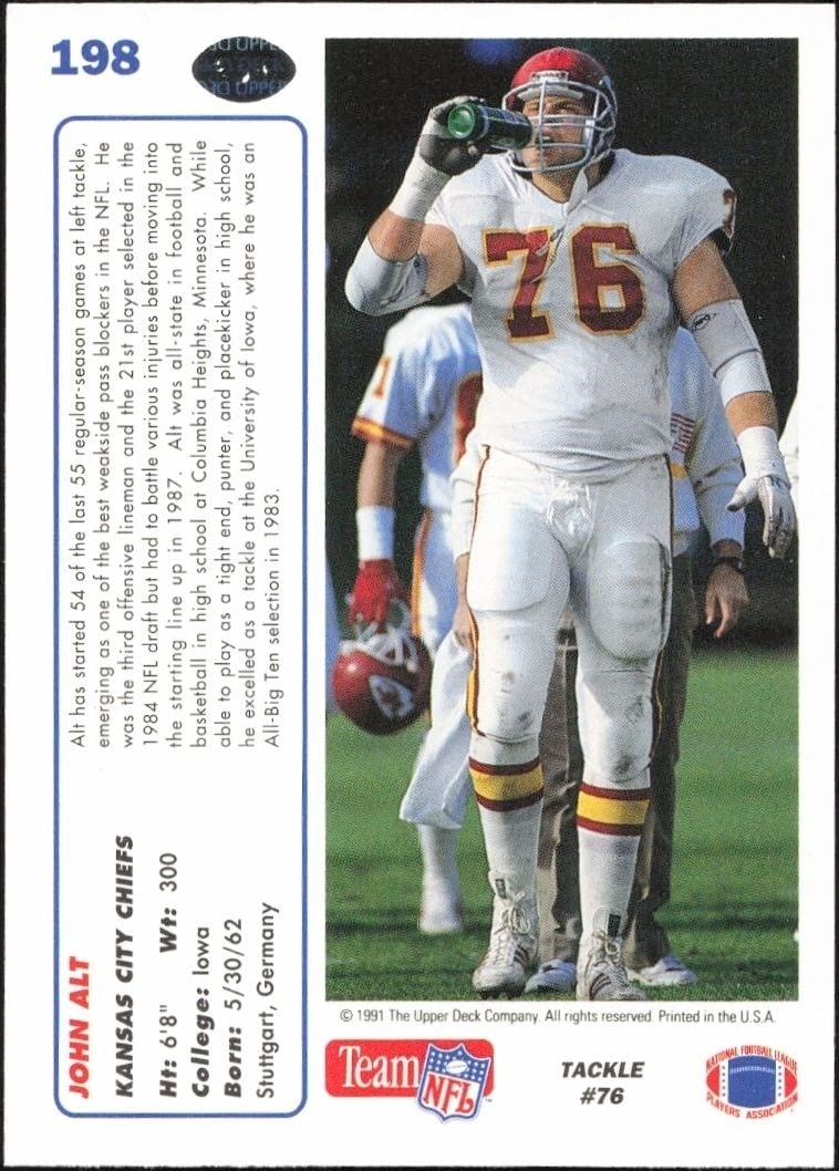 1991 Upper Deck John Alt #198 football trading card back