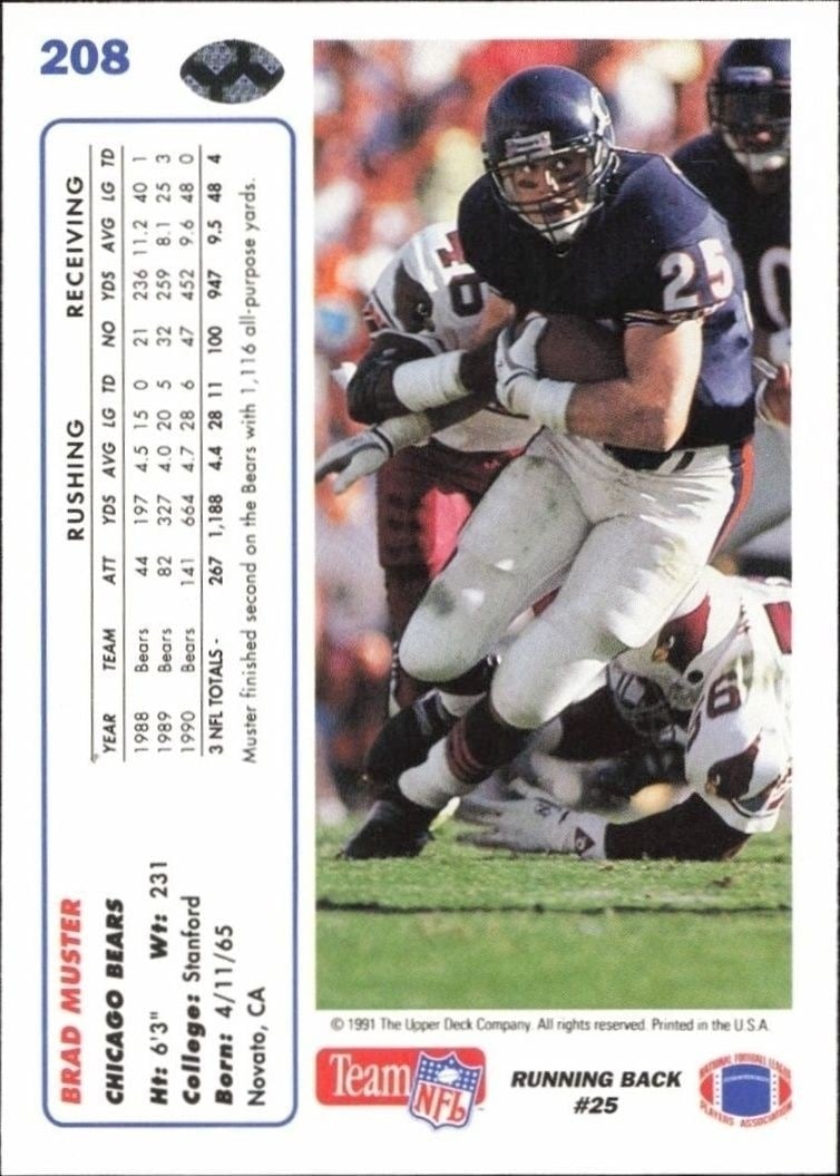 1991 Upper Deck Brad Muster #208 football trading card back