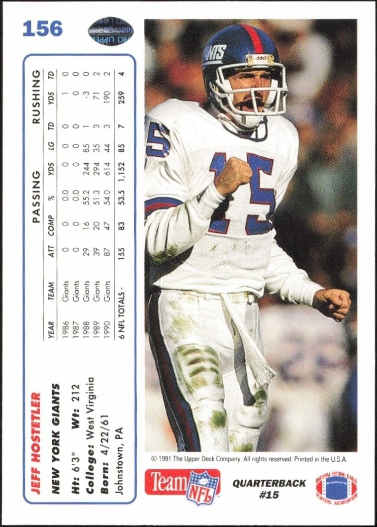 1991 Upper Deck Jeff Hostetler #156 football trading card back