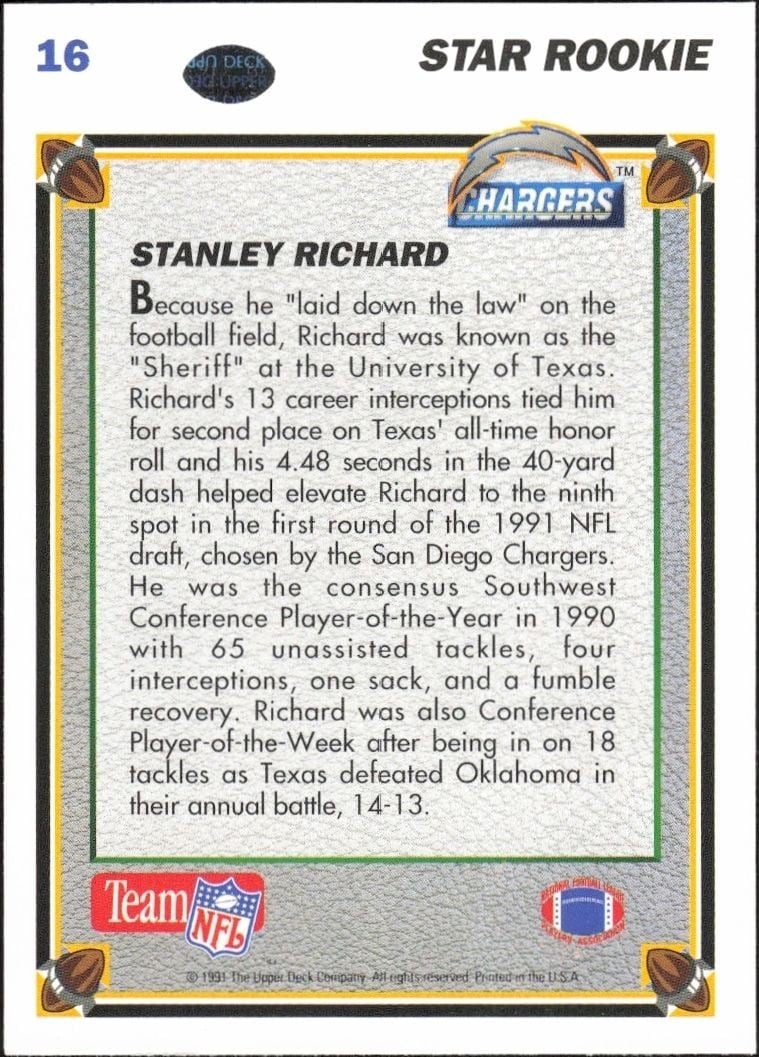 1991 Upper Deck Stanley Richard #16 football trading card back