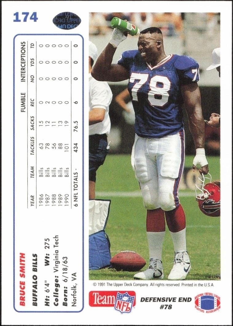 1991 Upper Deck Bruce Smith #174 football trading card back