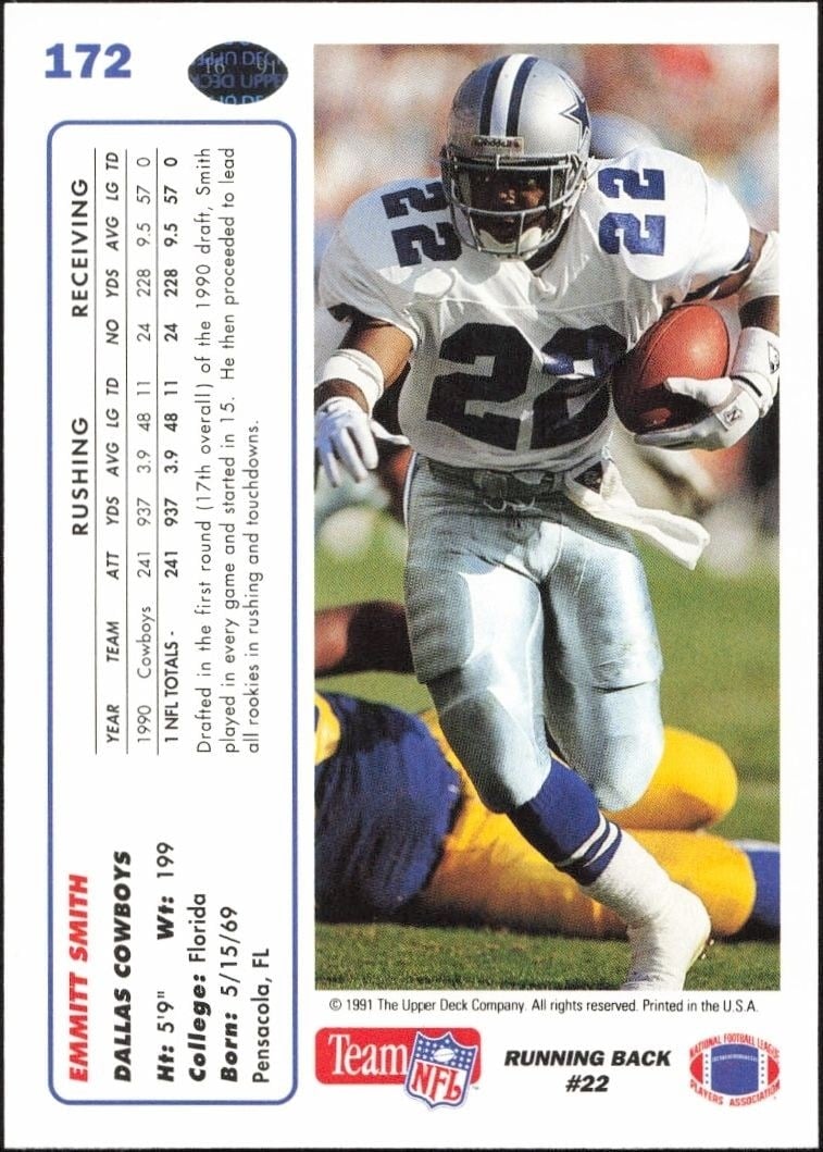 1991 Upper Deck Emmitt Smith #172 football trading card back