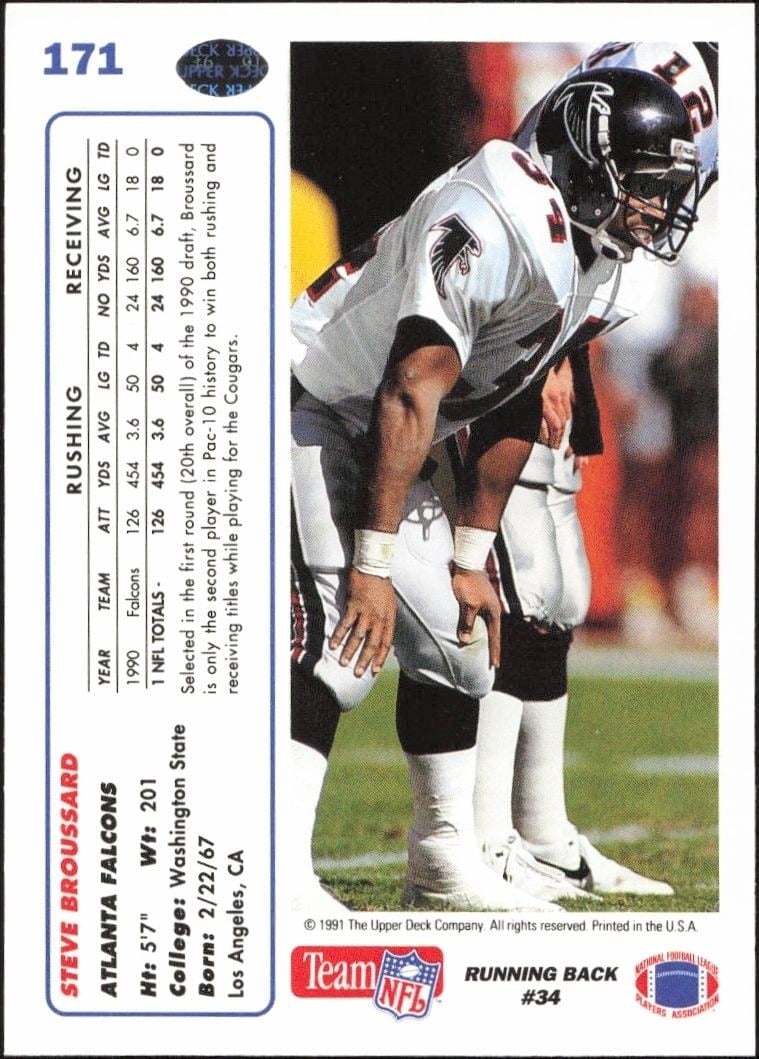 1991 Upper Deck Steve Broussard #171 football trading card back