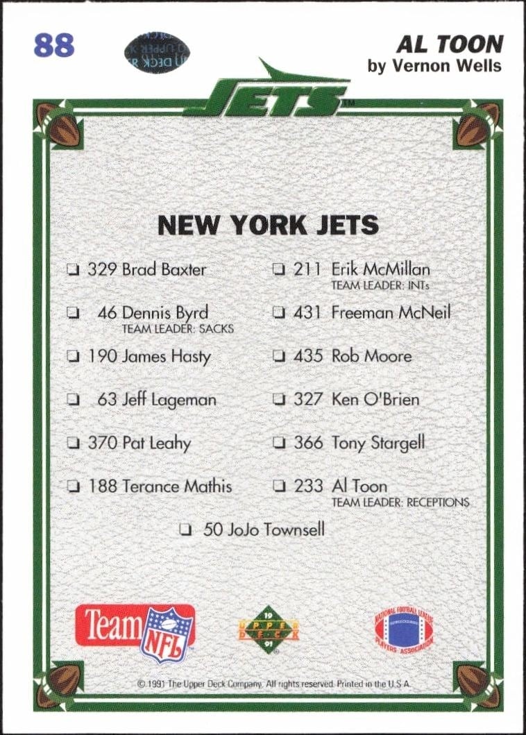 1991 Upper Deck Al Toon #88 football trading card back