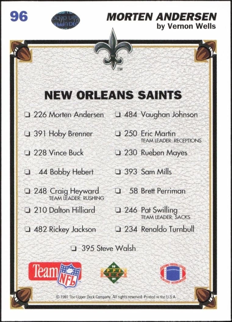 1991 Upper Deck Morten Andersen #96 football trading card back