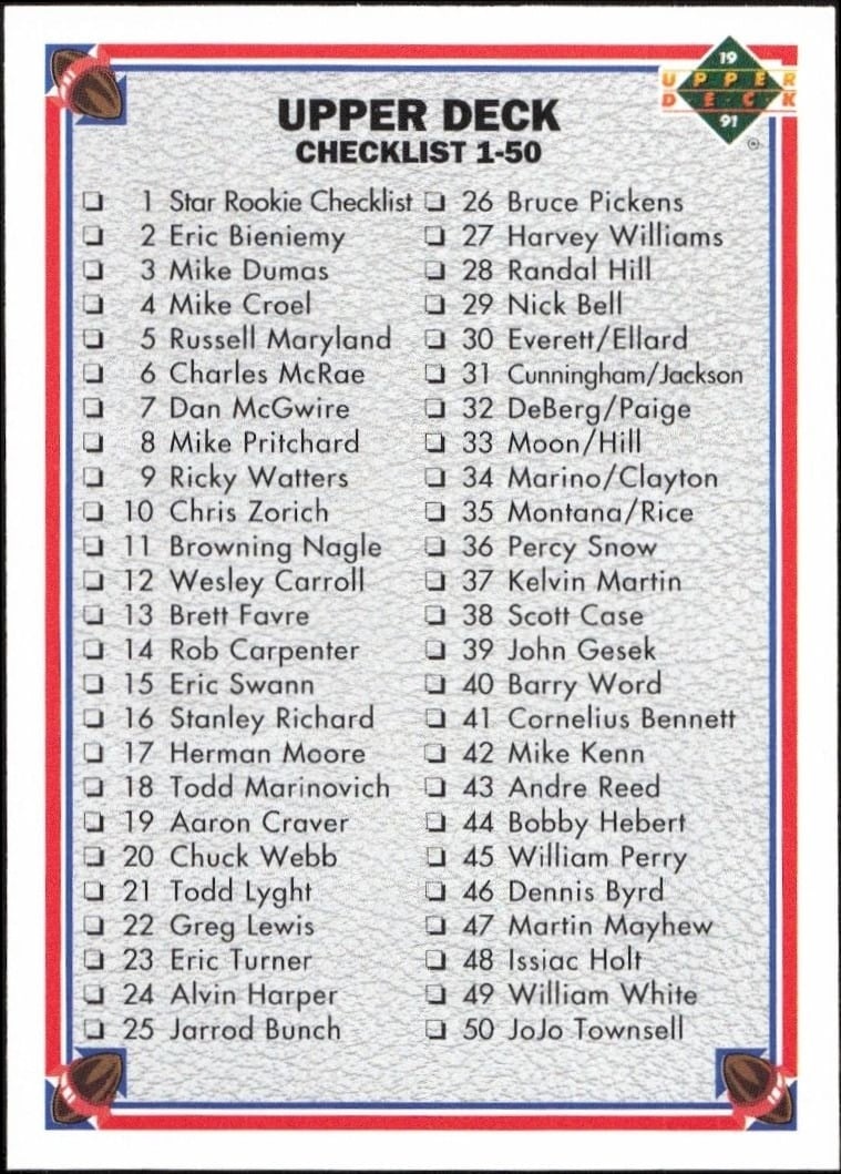 1991 Upper Deck Checklist #500 football trading card front