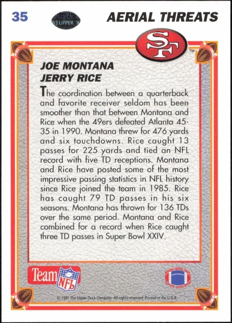 1991 Upper Deck Joe Montana / Jerry Rice / #35 football trading card back