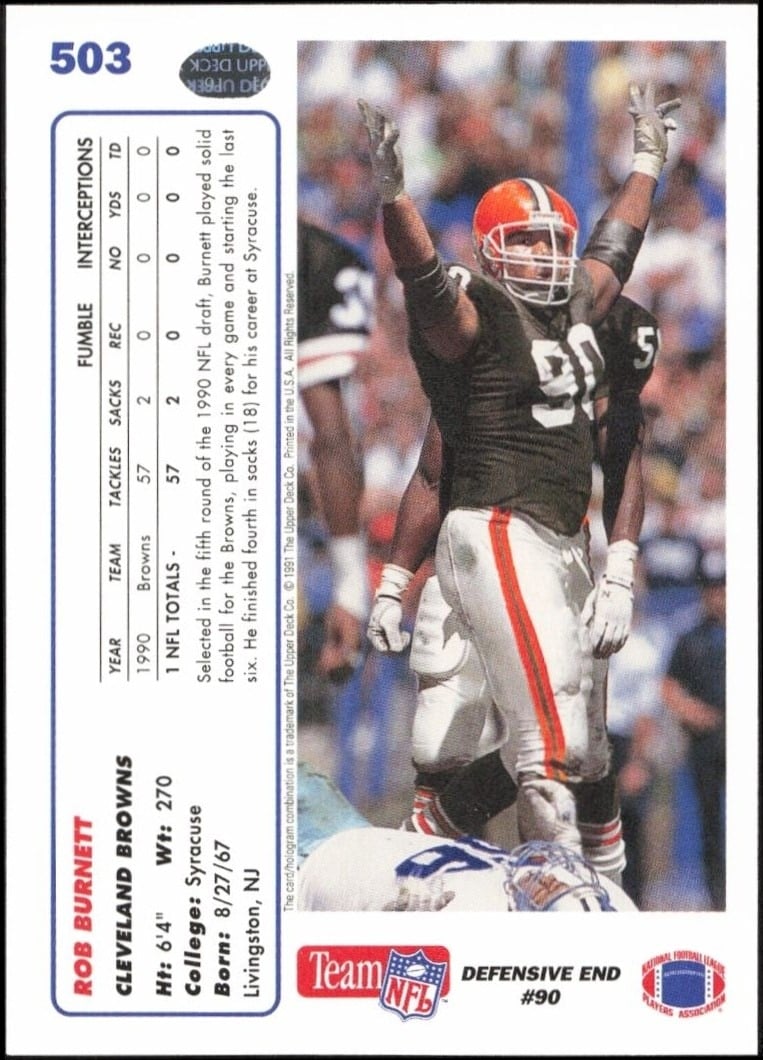 1991 Upper Deck Rob Burnett #503 football trading card back