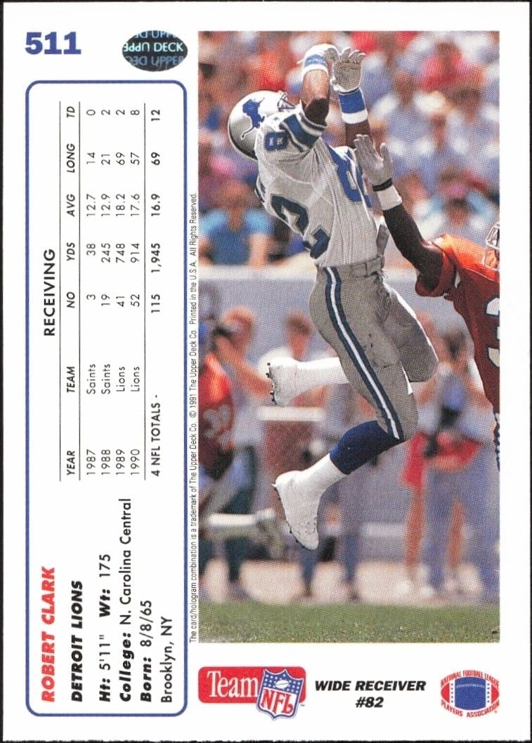 1991 Upper Deck Robert Clark #511 football trading card back