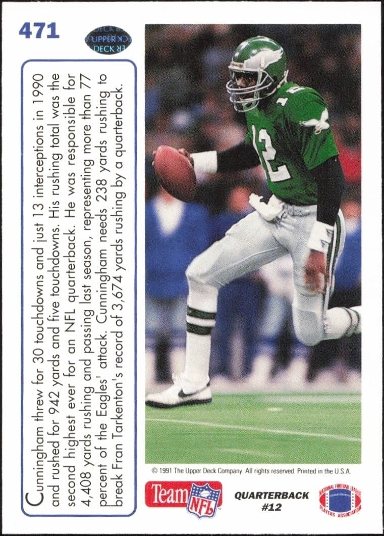 1991 Upper Deck Randall Cunningham #471 football trading card back