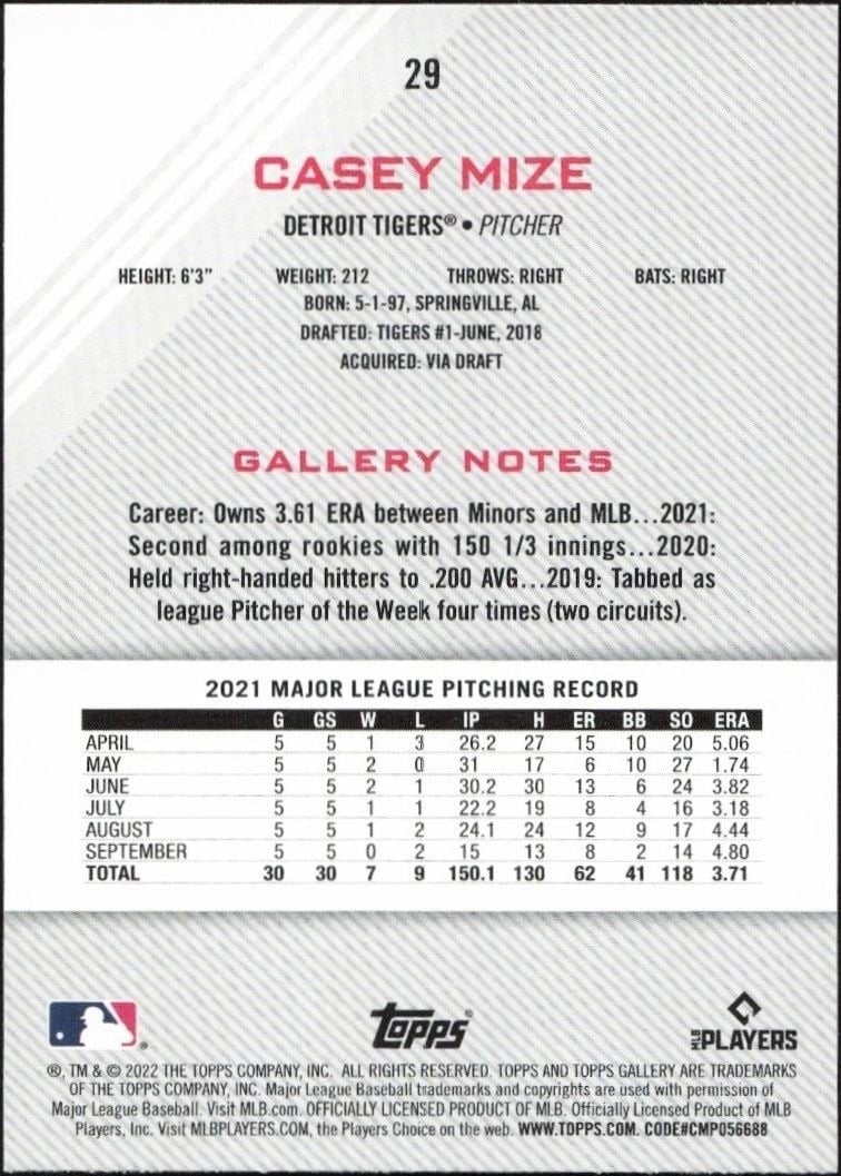 2022 Topps Gallery Casey Mize #29 baseball trading card back