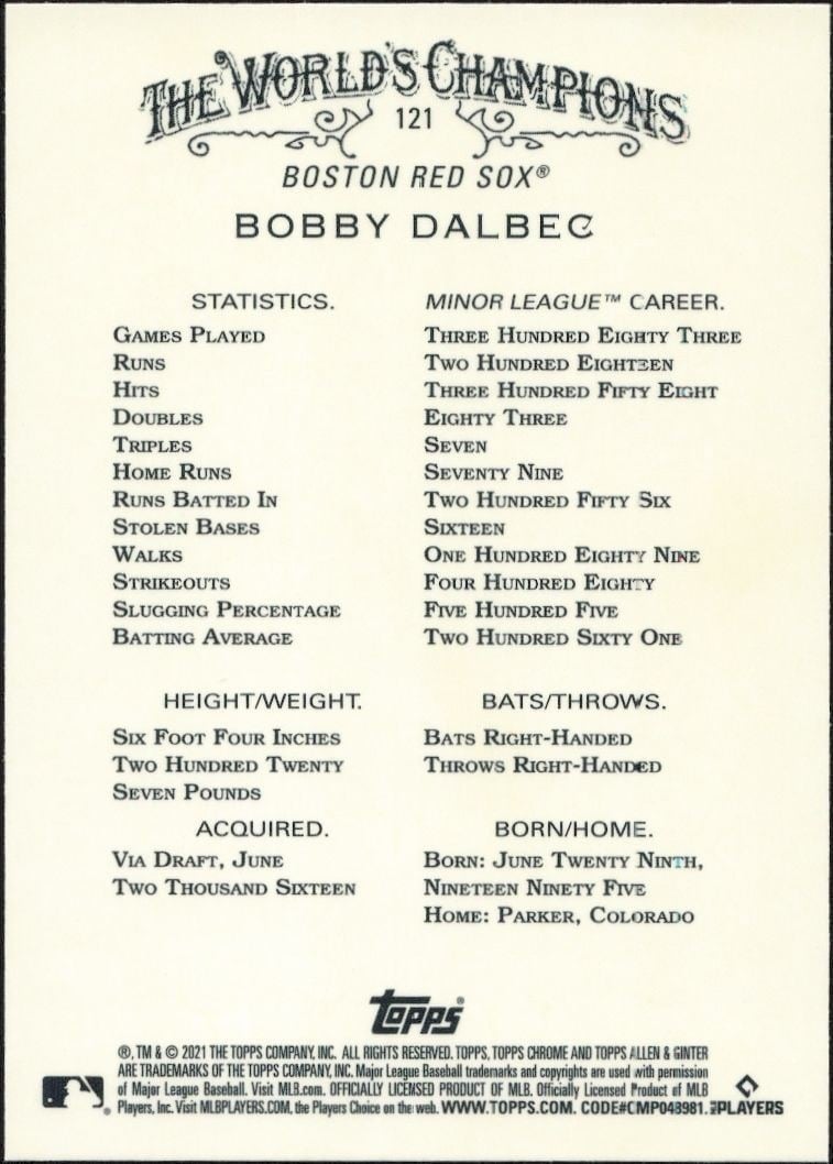 2021 Topps Allen & Ginter Chrome Bobby Dalbec #121 baseball trading card back