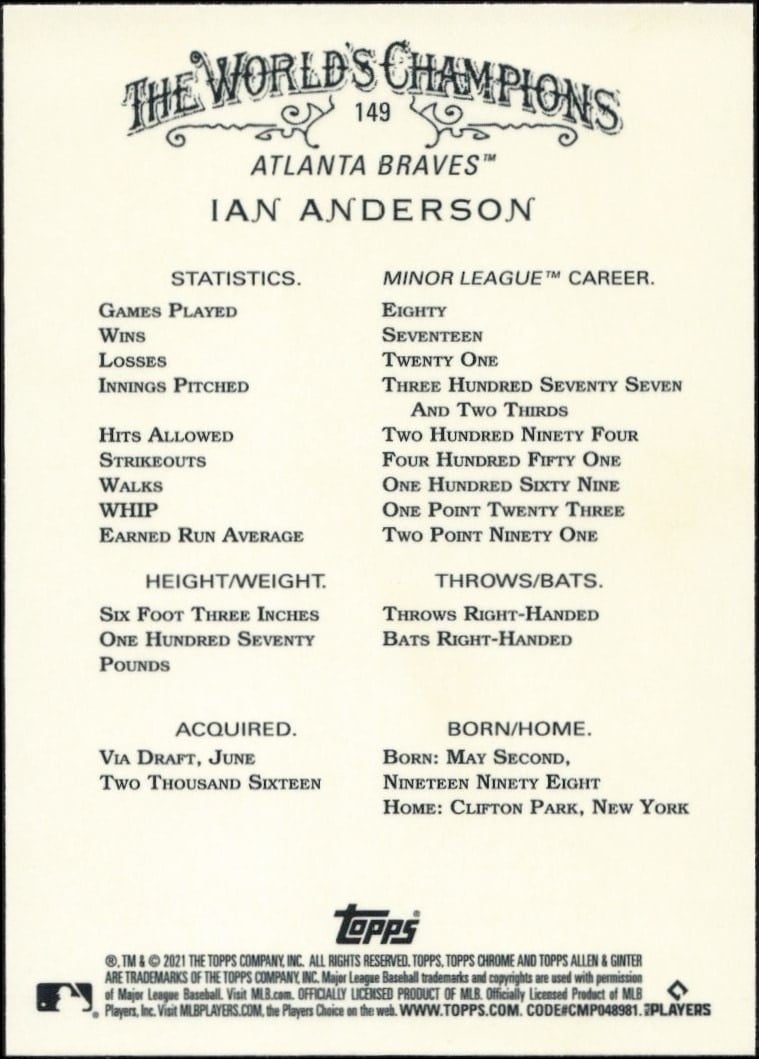 2021 Topps Allen & Ginter Chrome Ian Anderson #149 baseball trading card back