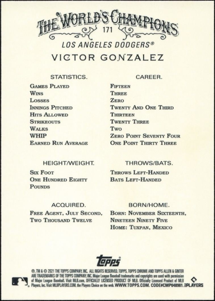 2021 Topps Allen & Ginter Chrome Victor Gonzalez #171 baseball trading card back