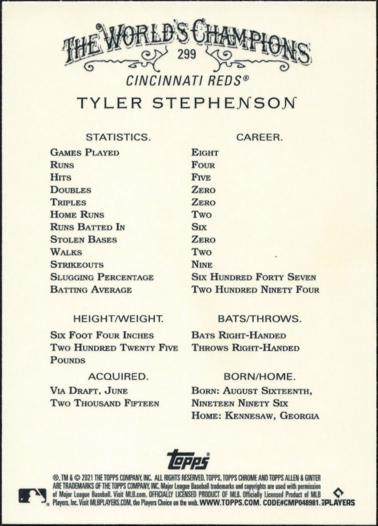 2021 Topps Allen & Ginter Chrome Tyler Stephenson #299 baseball trading card back