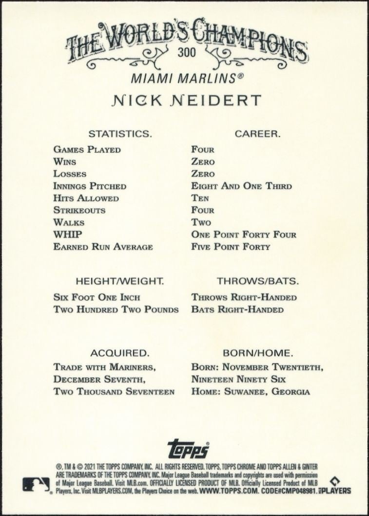 2021 Topps Allen & Ginter Chrome Nick Neidert #300 baseball trading card back