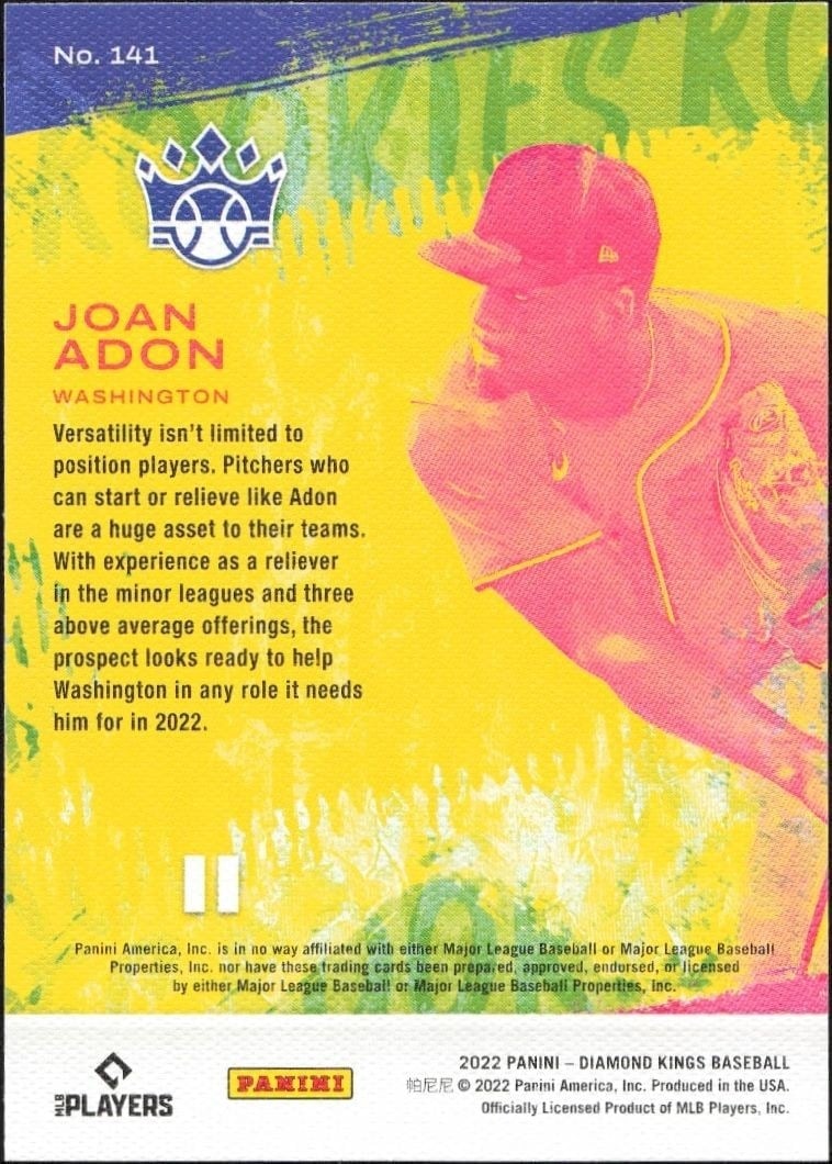 2022 Panini Diamond Kings Joan Adon #141 baseball trading card back