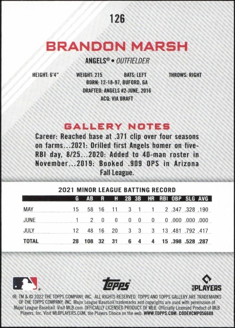 2022 Topps Gallery Brandon Marsh #126 baseball trading card back
