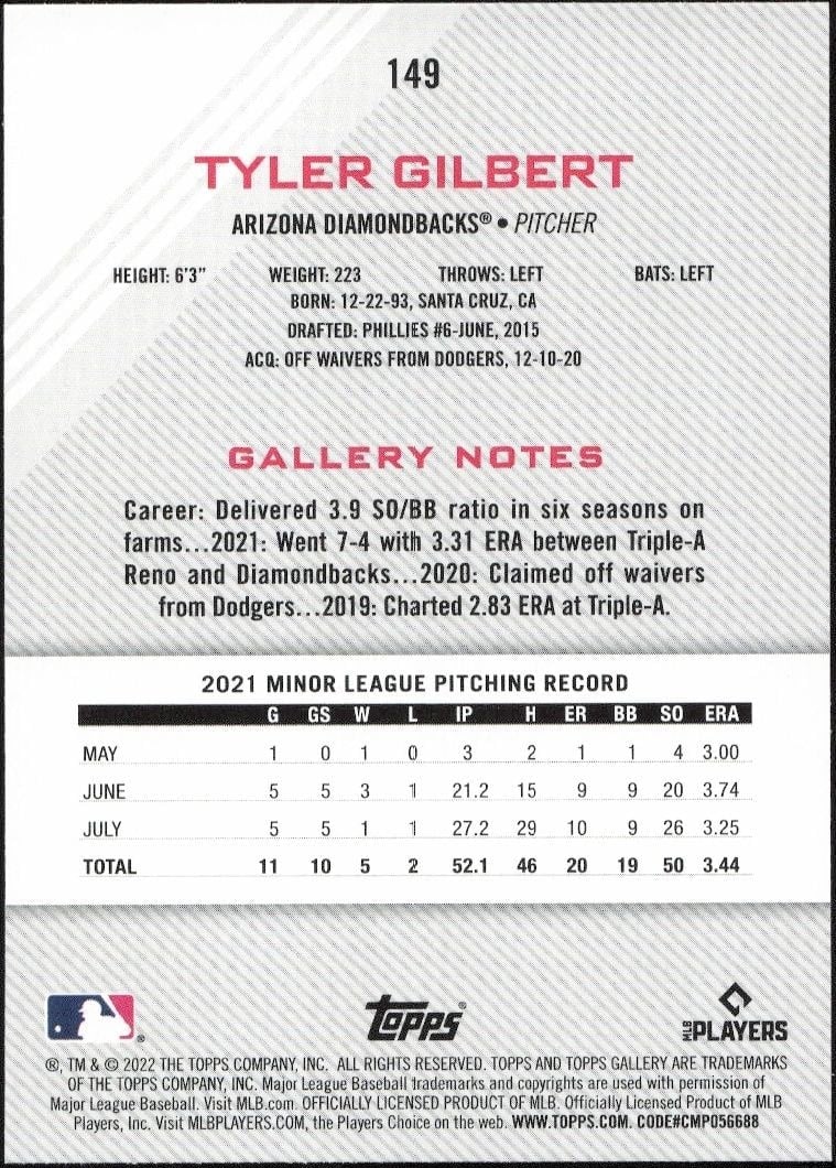 2022 Topps Gallery Tyler Gilbert #149 baseball trading card back