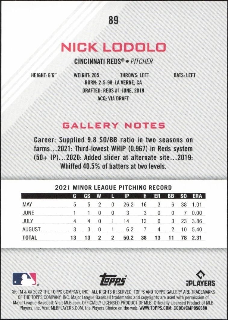 2022 Topps Gallery Nick Lodolo #89 baseball trading card back