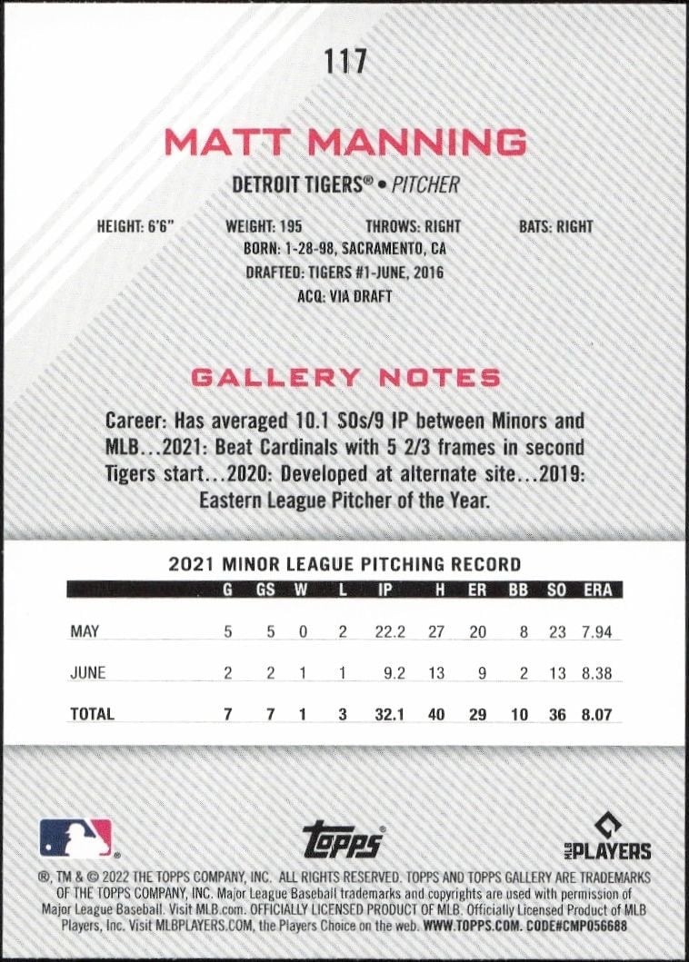 2022 Topps Gallery Matt Manning #117 baseball trading card back