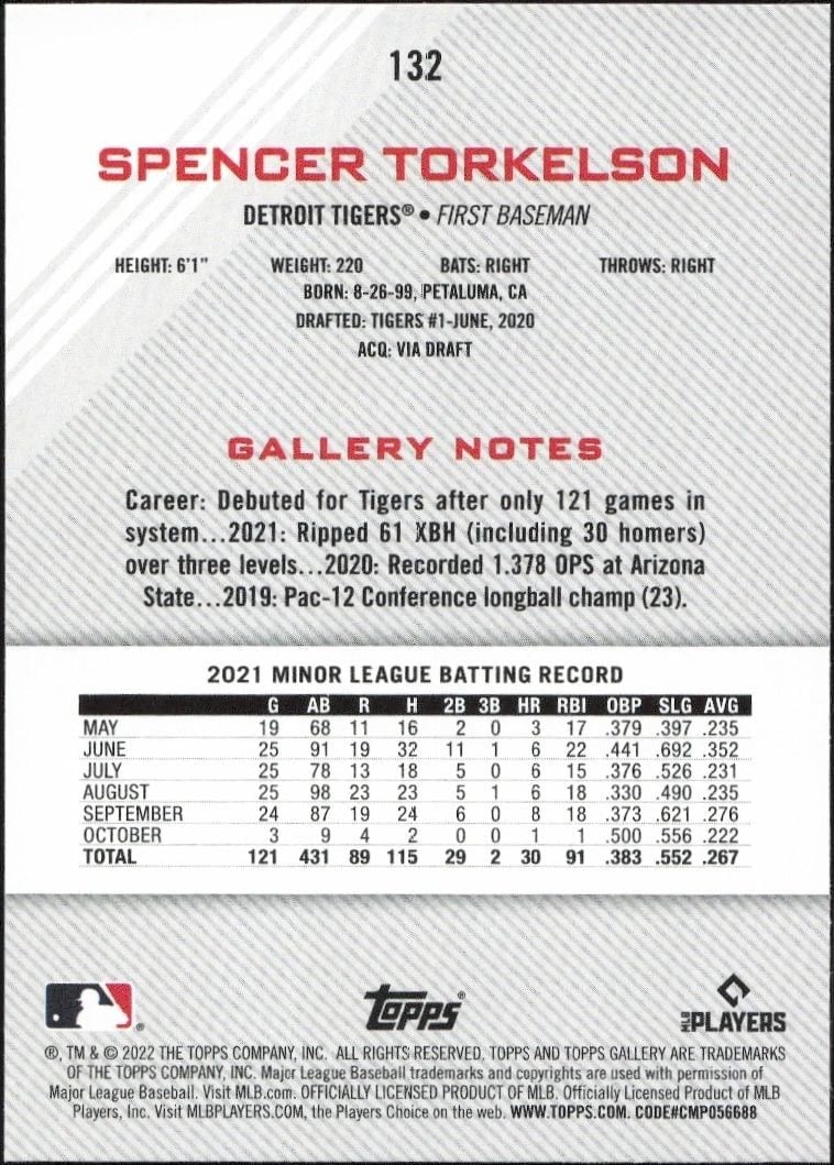 2022 Topps Gallery Spencer Torkelson #132 baseball trading card back