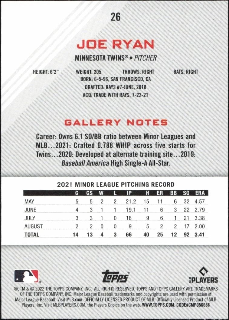 2022 Topps Gallery Joe Ryan #26 baseball trading card back
