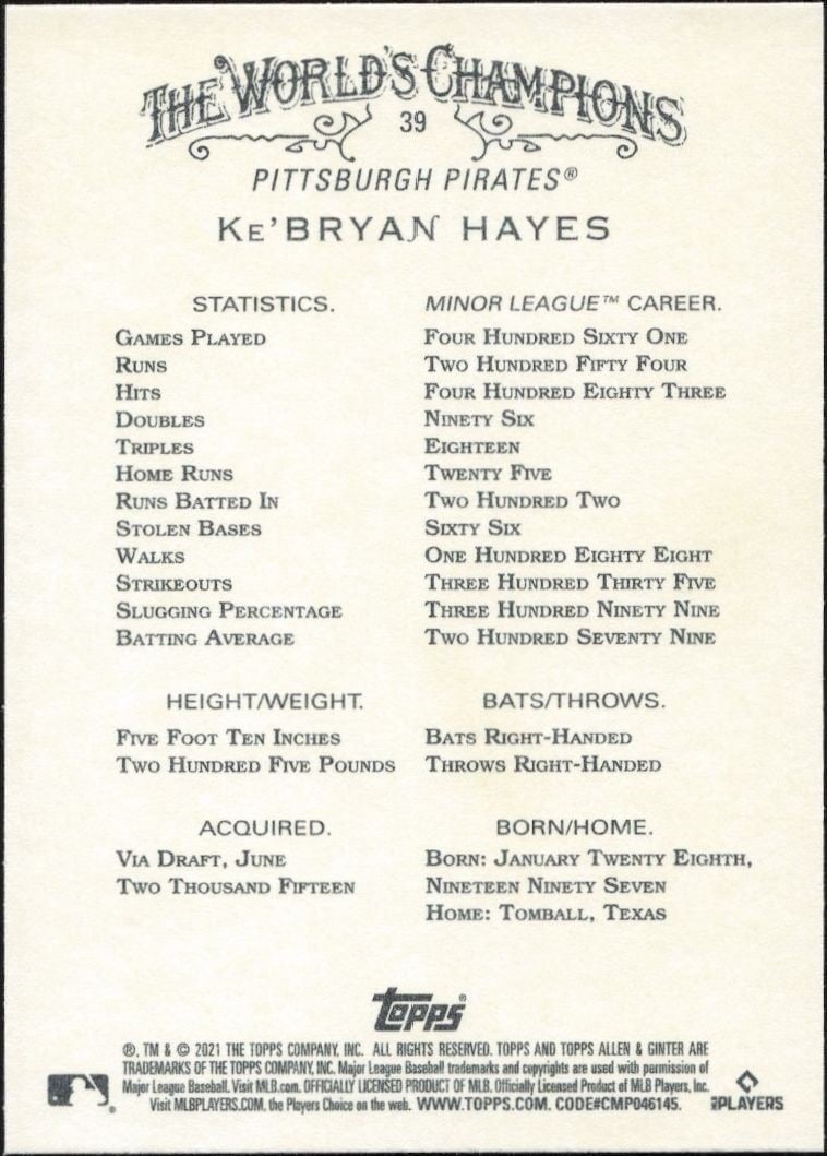 2021 Topps Allen & Ginter Ke'Bryan Hayes #39 baseball trading card back